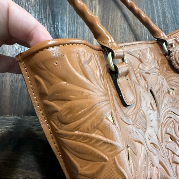 Adeline Cognac Tan Brown Gold Tooled Cutout Leather Satchel shoulder tote bag - Picture 13 of 16
